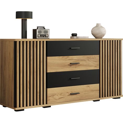 Buffet 140x35x70cm en panneaux MDF, 4 tiroirs et 2 portes, style rainuré vertical, commode à étagères ajustables, finition chêne et noir, armoire de stockage pour pièce de vie ou salle à manger. (1/5)
