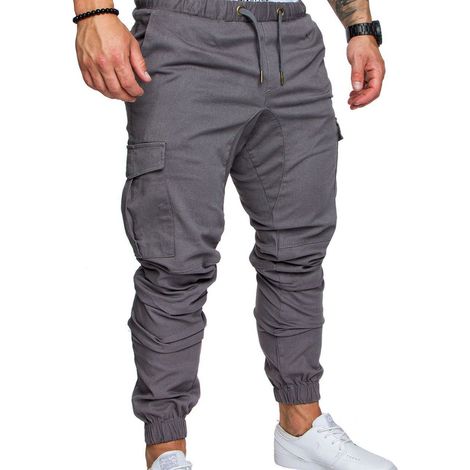 [RM] Pantalon homme à poches, coupe décontractée, cordon de serrage élastique, long, gris clair ZX, taille M (1/5)