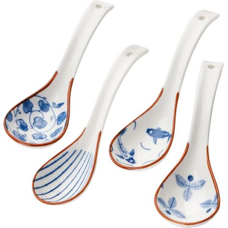 4 Cuillère, 16 cm, Céramique, Design rétro, Multicolore, Soupe, Ramen, Cuisine (1/5)