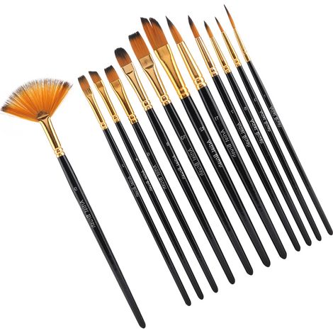 Ensemble de 12 pinceaux en nylon à manche en bois noir pour les arts, l'artisanat, la peinture et l'aquarelle. (1/5)