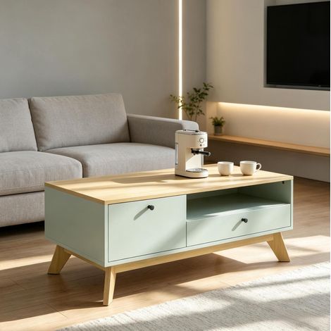 Mesa de centro rectangular verde claro y roble con cajón, armario, compartimento abierto y espacio para robot aspirador (1/5)