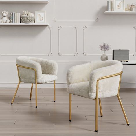 Chaise leisure blanche en fausse fourrure, structure métal, lot de 2, 150 kg, salon et chambre,57×57×77cm (1/5)