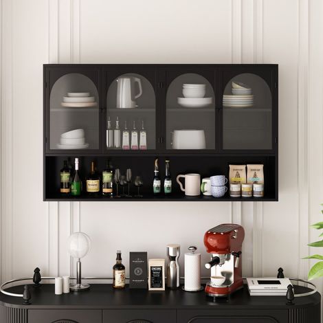 Meuble Haut Mural - 120x23x70 cm - 4 Portes Verre Trempé Gris Rangement Cuisine Salon Salle de Bain Métal Robuste - Noir (1/5)