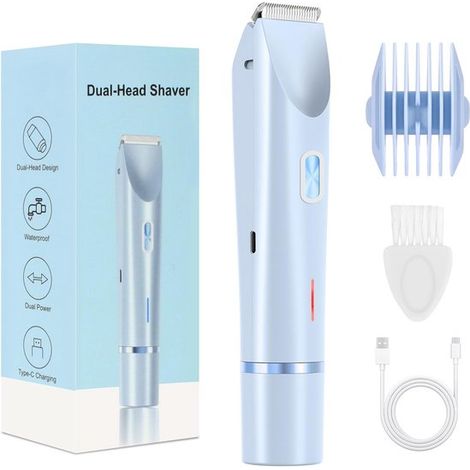 Dispositivo de depilación de doble cabezal, recortadora, apto para mujeres, cortapelos, dispositivo de depilación, afeitadora eléctrica 2 en 1, 1 unidad (azul cielo) (1/5)