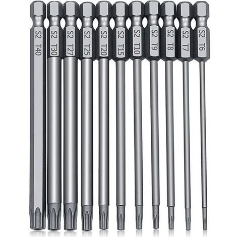 Lot de 11 embouts de tournevis    de 100 mm – Embouts de sécurité magnétiques en forme d'étoile T6-T40 avec tige hexagonale de 6,35 mm en acier S2 pour visseuses à percussion, outils électriques
