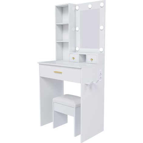 Petit ensemble de coiffeuse avec miroir et éclairage LED réglable, prise électrique, support pour sèche-cheveux et tabouret rembourré - coiffeuse avec tiroirs et étagère, B60/H131.5/T38cm (1/5)