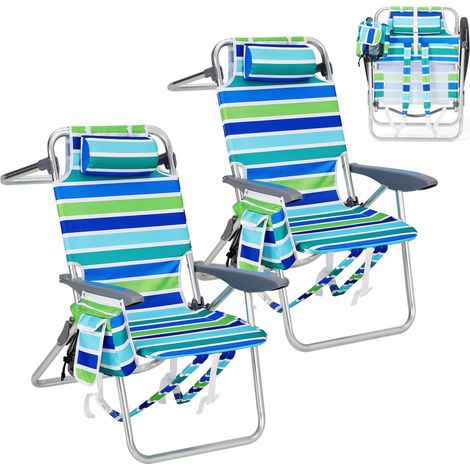 2PCS Chaise de plage pliante légère pour adultes, 5 positions, dossier de randonnée, porte-téléphone, porte-gobelet, support 160KG (1/5)