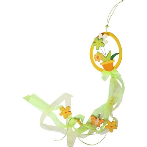 Ciondolo a forma di uovo di Pasqua in legno con fiori gialli e verdi, 70 cm. (1/2)