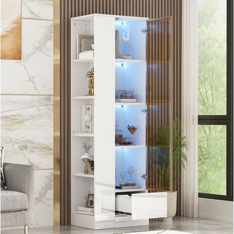 MODFU – Vetrina 50x35x160 cm in truciolato con anta in vetro, cassetto e mensole aperte, LED tramite app e anti-ribaltamento per salone o ingresso – Bianco (1/5)