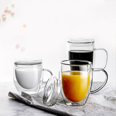 350ml verre double paroi avec couvercle bambou, gobelet transparent pour jus, tasse à café épaisse, verre à lait isolant (1/5)
