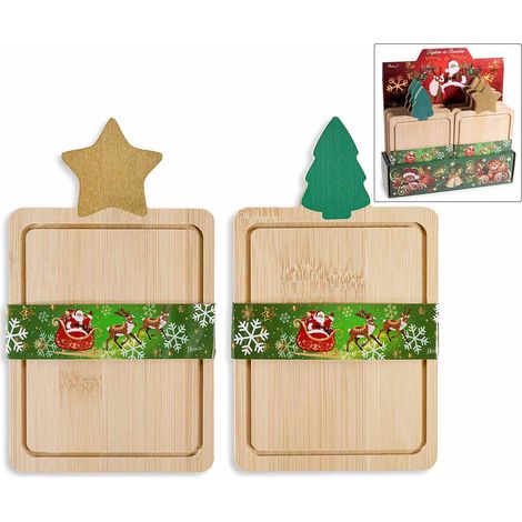Taglieri di Natale in legno per alimenti con decoro colorato su manico ad albero natalizio e stella, set da 12 pezzi, Tagliere: cm 11 x 19 H