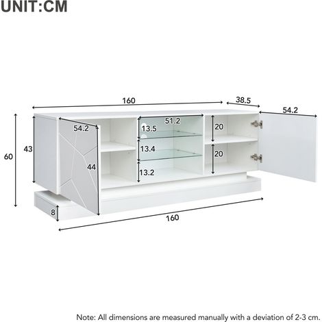 Meuble TV blanc mat 160 cm, étagère en verre réglable, support pour écran 70 pouces, rangement élégant avec charnières silencieuses (1/5)