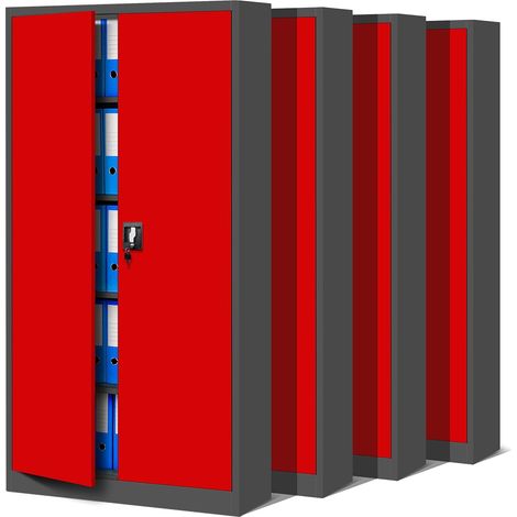 4er Set Aktenschrank C001 Metallschrank Stahlschrank Werkzeugschrank Büroschrank Lagerschrank Universalschrank Pulverbeschichtung Flügeltüren 185 cm x 90 cm x 40 cm (anthrazit/rot)