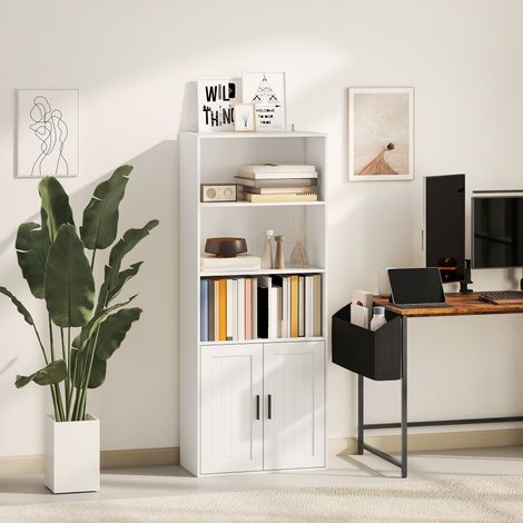Bibliothèque ouverte avec armoire 2 portes et étagère intérieure réglable, 60x30x145,5 cm, blanc (1/5)