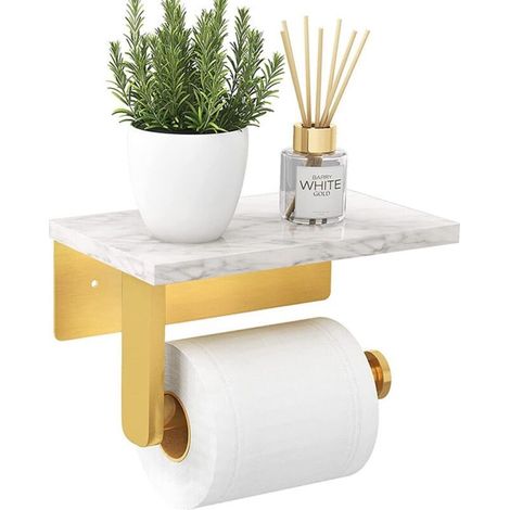 blanc Porte-papier toilette mural avec étagère en marbre naturel pour accessoires de salle de bain (1/5)