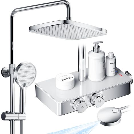 Système de douche avec thermostat, mitigeur de douche complet avec étagère en verre, douche à effet pluie avec robinet et douchette, ensemble de douche avec robinetterie, douche à effet pluie (1/5)