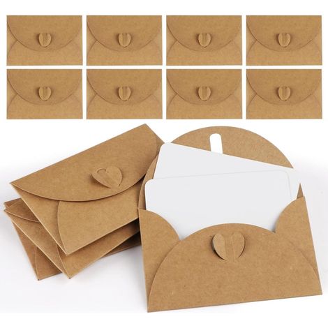 25 mini enveloppes avec cartes – papier cartonné vintage kraft, fermeture cœur, cartes vierges, 10,3x7 cm, pour cartes cadeaux remerciements
