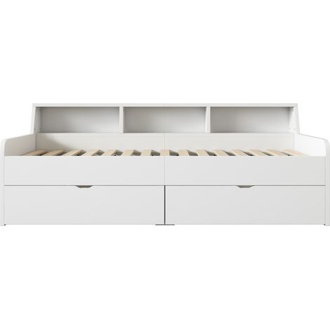 Cama banqueta 90 x 200 cm con 2 cajones y almacenaje, blanco, pino y MDF (1/5)