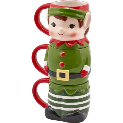 Tazze impilabili a forma di Elfo, set da 3 pezzi, colore verde, con manico rosso