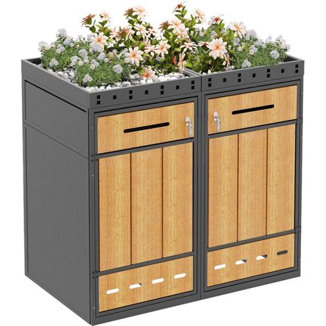 Abri pour poubelles double 2 compartiments avec bac à plantes, acier gris effet bois, accès frontal, pour extérieur, terrasse et balcon  CHICFURN (1/5)