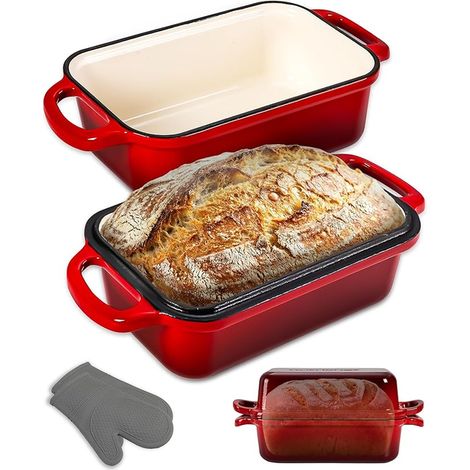 Enamelled Cast Iron Loaf Pan with Lid – Dutch Oven Rectangular Casserole for Sourdough Bread, Reversible Double Pan, Oven 260°C, Gloves, Lasagne, Stew, Cake, 23 x 13 cm (1/3)
