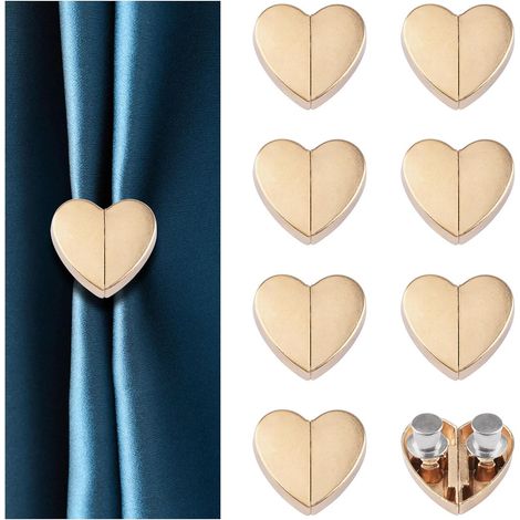 Lot de 8 paires de boucles de rideaux magnétiques décoratives amovibles en forme de cœur pour intérieur et extérieur - Pour garder les rideaux fermés et éviter les fuites de lumière (doré) (1/5)