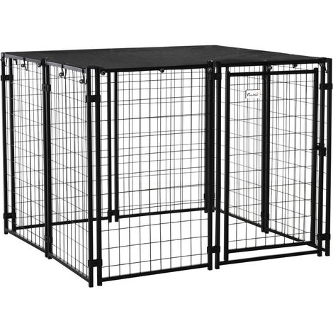 Enclos pour Chien Pliable AoSenYunZhou 8 Panneaux Parc Chenil en Acier avec Toit et Porte 141x141x113cm (1/5)