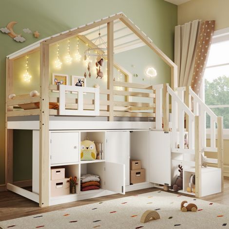 Lit mezzanine 90x200cm forme maison, barrière, casiers, échelle et fenêtre, blanc et naturel (sans matelas) (1/5)
