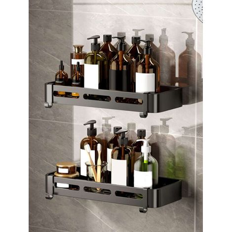 Paquet de 2 paniers de douche d'angle, panier de douche de salle de bain, étagères adhésives murales avec crochets, noir (1/5)