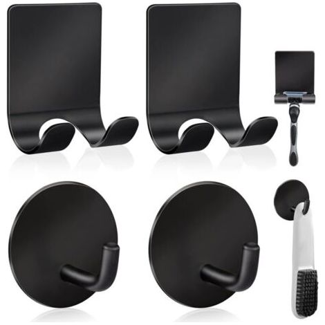 Porta rasoio da doccia in acciaio inox + ganci adesivi da parete impermeabili e resistenti di alta qualità per appendere asciugamani, cappotti e cappelli (set da 2 + 2) - Nero