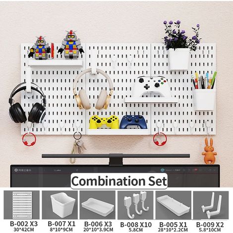 (Lot de 3 panneaux perforés blancs) Étagère murale sans perçage pour salle de jeux, idéale pour ranger manettes, casques, figurines et claviers. Crochets inclus. (1/5)