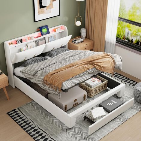JOOKGBD–Letto a Contenitore 140x200 cm,Letto Matrimoniale Imbottito,1 Cassetto,Contenitore Idraulico,Illuminazione LED,Porta USB,Rete a Doghe,Velluto,Beige