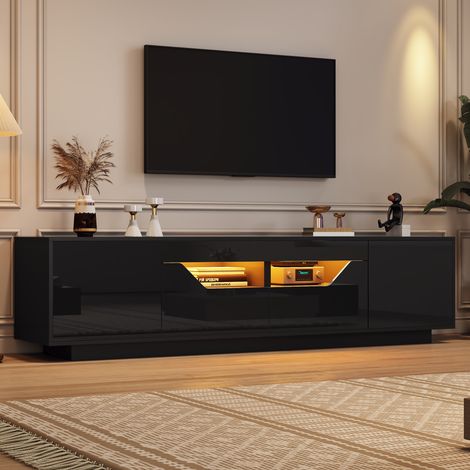 Meuble TV sur pied 180x40x45cm, buffet bas avec 2 tiroirs et 2 armoires, meuble TV laqué brillant avec lumières LED, meuble TV, table TV, adapté pour téléviseur 75 pouces, noir (1/5)