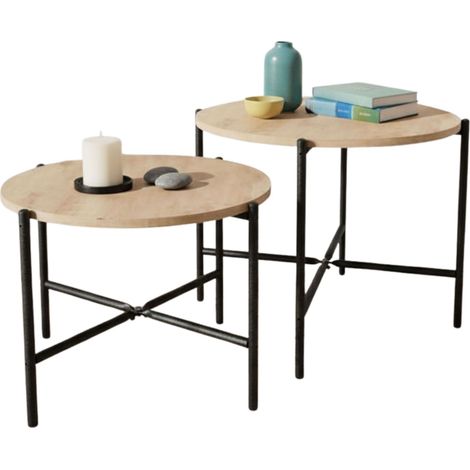 Pack de 2 Mesas de Centro Redondas Rus Estilo Industrial en Color Roble CLaro y Negro en 2 Tamaños