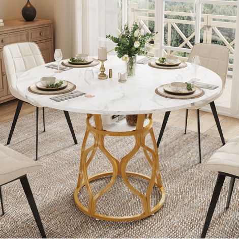 Tavolo da pranzo rotondo 100x100x75 cm con ripiano, MDF effetto marmo, bianco e oro HAVRYA (1/5)