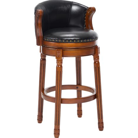 Tabouret de bar en cuir pleine fleur avec dossier, structure bois ivoire, siège pivotant 360° hauteur bar 75 cm (1/5)