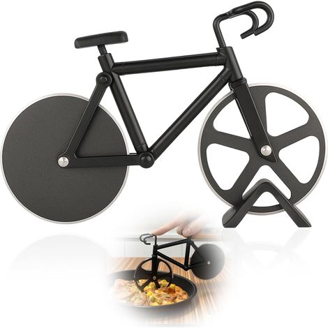 CCYKXA Bicycle Pizza Cutter - 18.5 cm - Non-stick Stainless Steel - Fun Pizza Cutter - Double-Edged - With Sharp Cutting Wheel and Stand - For Christmas - Party Gift - Black (1/5)