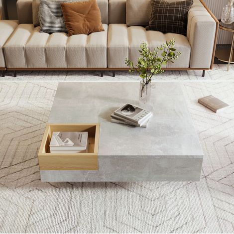 Table basse en panneaux de particules gris béton 72 cm avec boîte de rangement amovible (1/5)