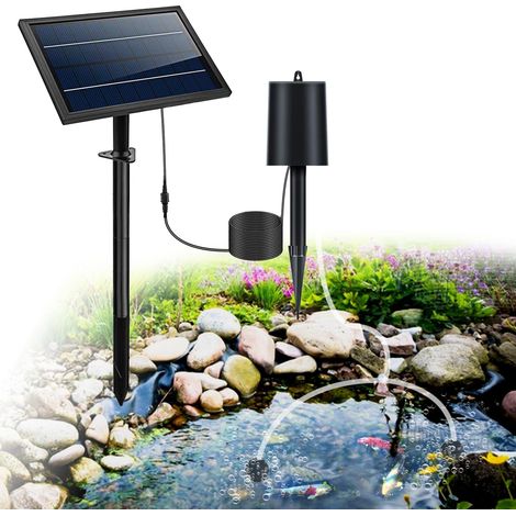 Aérateur solaire pour bassin 8 W - Batterie intégrée 2400 mAh - 3 modes de fonctionnement - 2 diffuseurs d'air inclus - Pompe à air solaire - Convient pour bassin, aquarium et culture hydroponique (1/5)