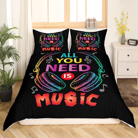 Parure de lit avec housse de couette 135 x 200 cm et 1 taie d'oreiller, motif musique rock et note de musique, pour enfants garçons et filles (1/5)
