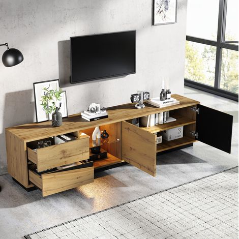 Mueble TV 180x35x45 cm en MDF natural y negro con LED y almacenaje - MEUBLIV (1/5)