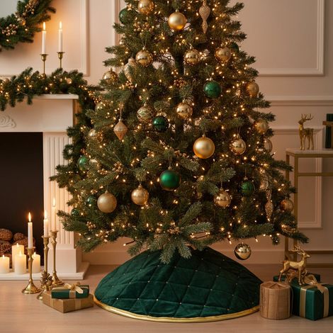 Copribase albero di natale in tessuto con bordo dorato per base albero natalizio -Rosso (1/4)