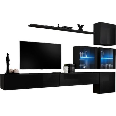 Composizione murale SWITCH XIX – Doppio mobile TV, cubi, cubi vetrati LED e mensola – Nero lucido – Design contemporaneo (1/2)