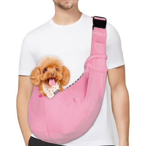 Sac de Transport pour Chien,Sac Transport Chiot, Réversible Sling Bandoulière Réglable, avec Crochet de Collier pour Chiot/Chat/Lapin Jusqu'à 4.99kg, Rose Clair (1/5)
