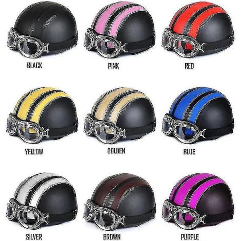 Casque demi-jet ouvert en cuir pour moto/scooter avec lunettes anti-UV, style rétro vintage, taille 54-60 cm (1/5)