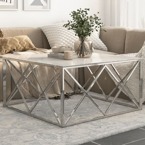 Vidaxl – Table basse carrée 100x100cm en acier inoxydable argenté et verre trempé 6mm – Finition marbre blanc – Entretien facile (1/5)