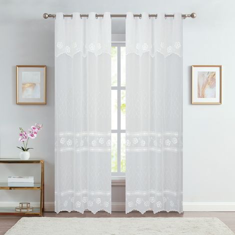 Paire voilages brodé fleurs pour baie vitrée Blanc 140x240 cm