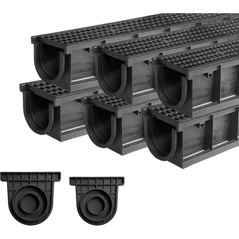 Lot de 6: 1000 x 155 x 138 mm Caniveau Terrasse en PEHD Noir avec Grille, A15 caniveau extérieur de Drainage en PEHD, 6m, pour l'allée, Le Jardin, la terrasse, Le Cour (1/5)