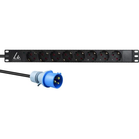 Lanview 19"-Steckdosenleiste, 1 HE Rackmontage, 16 A, 8 Schuko-Steckdosen Typ F, 3 m Kabel, 16-A-IEC-Stecker, LVR-3MIEC-LIC-SCH8