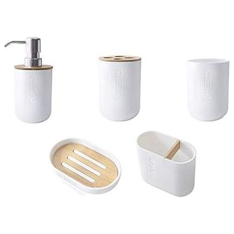 Lot de 5 pièces en bambou pour salle de bain - Support de brosse à dents en verre - Distributeur de savon - Bol de savon - Accessoires de salle de bain (1/5)
